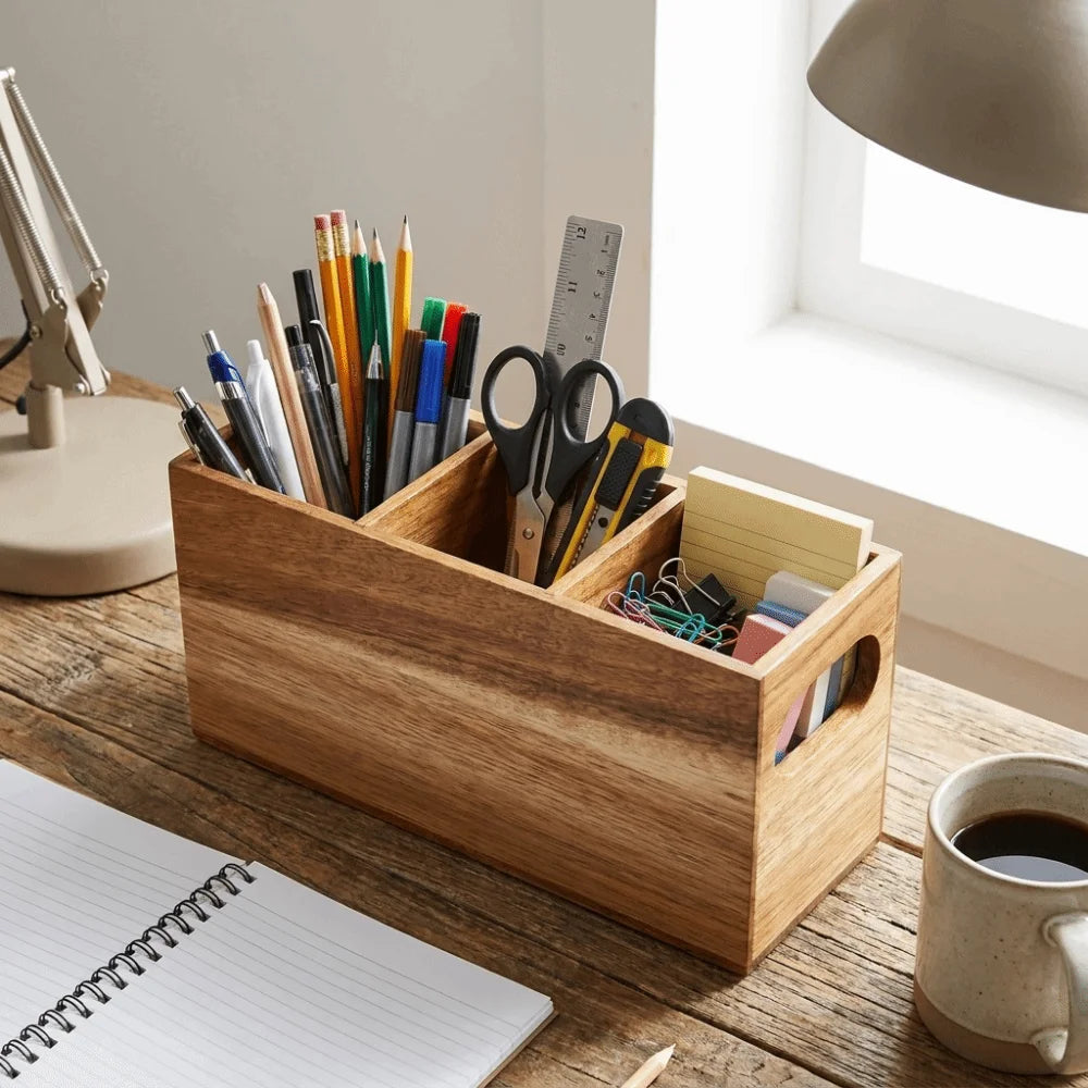 Kitchen Tools Wooden Utensil Organizer 3 Compartment Space Saving Storage Rack Durable Rustic Cutlery Holder Kitchen