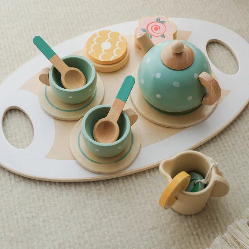 Wooden Play Kitchen for Children Wooden High Tea Set Pretend Play Food Learning Role Play Game Early Educational Toys Gifts