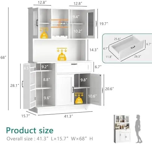 Kitchen Pantry Cabinet, Large Kitchen Hutch Formhouse Storage Cabinet with Microwave Stand, Tall Food Pantry for Dining