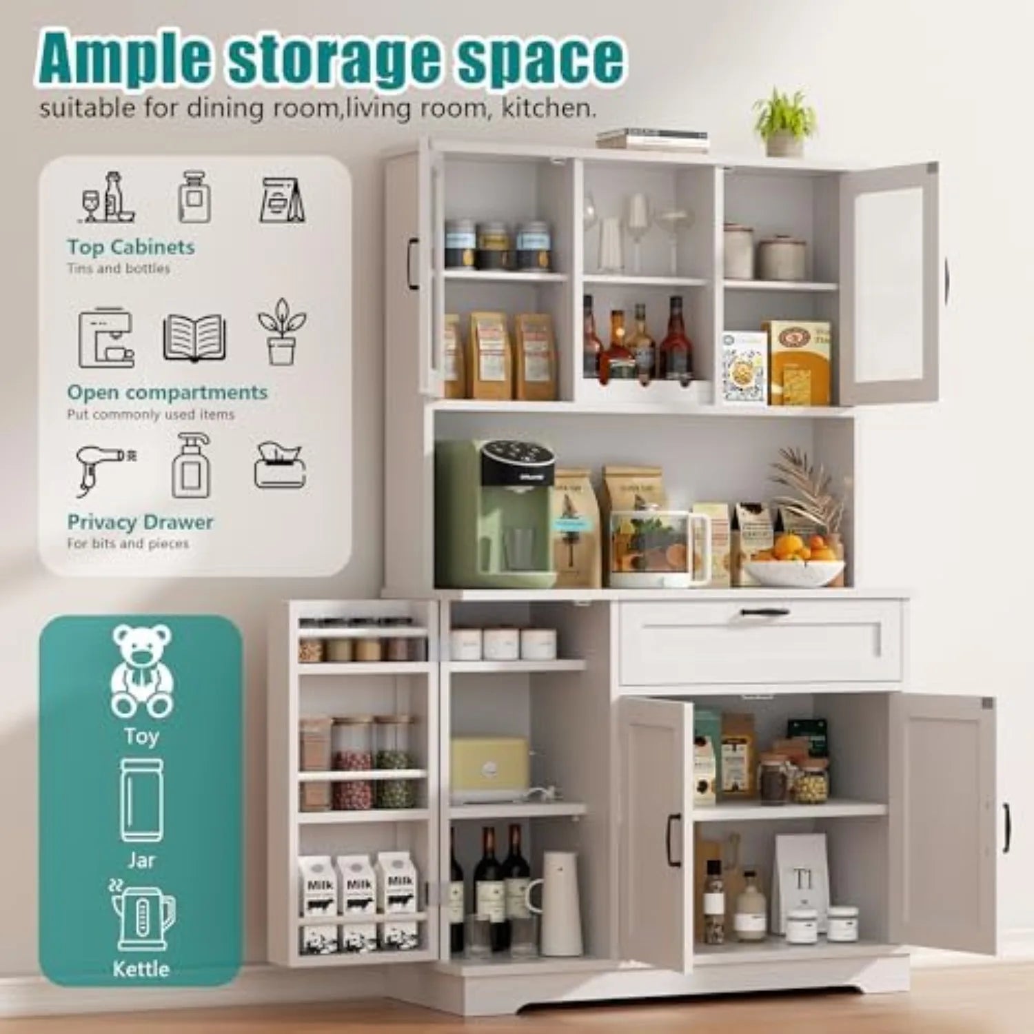 Kitchen Pantry Cabinet, Large Kitchen Hutch Formhouse Storage Cabinet with Microwave Stand, Tall Food Pantry for Dining