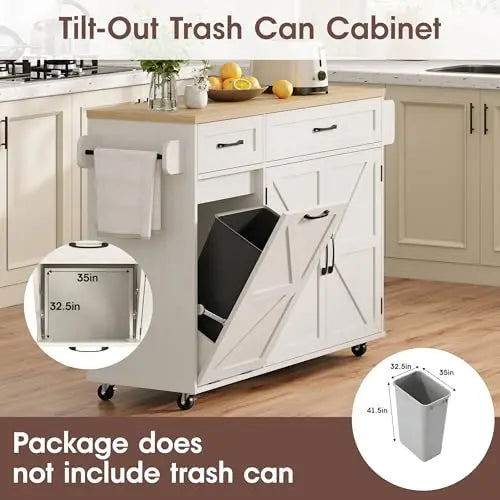 Kitchen Island with Out Trash Can Cabinet and Power Outlet, Kitchen Rolling Island with Spice Rack, Towel Rack and 2