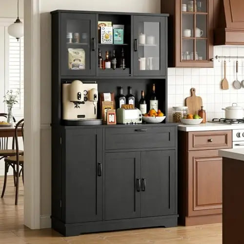 Kitchen Pantry Cabinet, Large Kitchen Hutch Formhouse Storage Cabinet with Microwave Stand, Tall Food Pantry for Dining