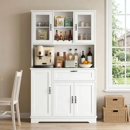 Kitchen Pantry Cabinet, Large Kitchen Hutch Formhouse Storage Cabinet with Microwave Stand, Tall Food Pantry for Dining