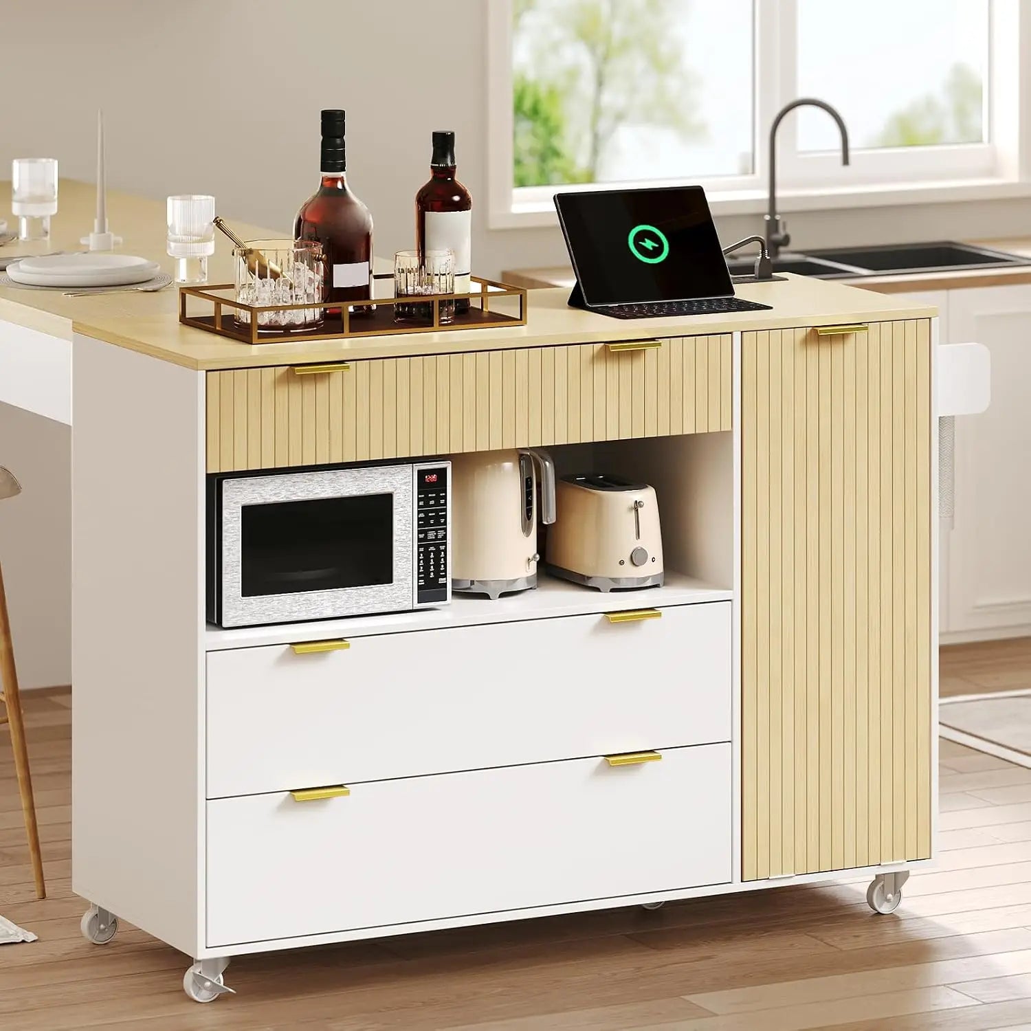 Kitchen Island with Storage, Power Outlet, Trash Bin & 3 Drawers, Rolling Cart for Kitchen & Dining, White & Natural, Customized