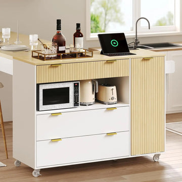 Kitchen Island with Storage, Power Outlet, Trash Bin & 3 Drawers, Rolling Cart for Kitchen & Dining, White & Natural, Customized
