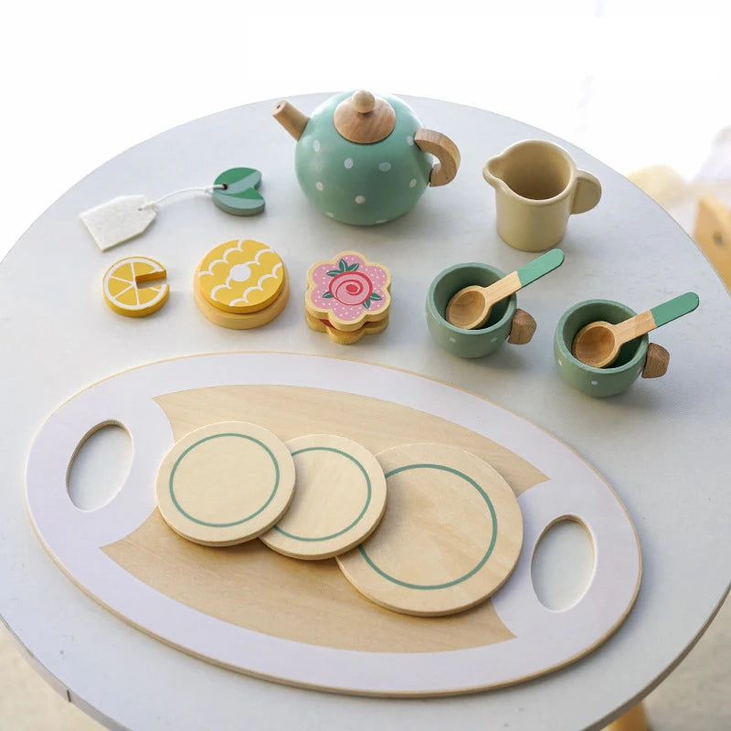 Wooden Play Kitchen for Children Wooden High Tea Set Pretend Play Food Learning Role Play Game Early Educational Toys Gifts