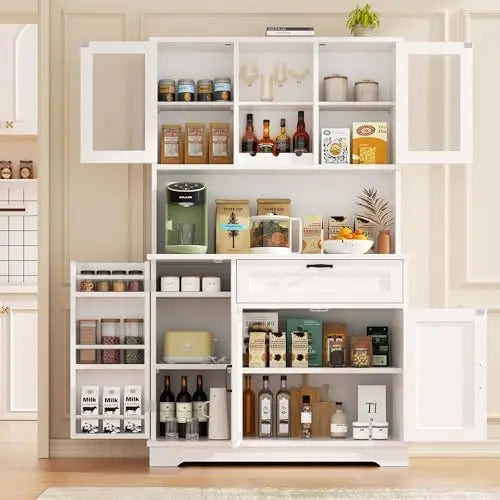 Kitchen Pantry Cabinet, Large Kitchen Hutch Formhouse Storage Cabinet with Microwave Stand, Tall Food Pantry for Dining