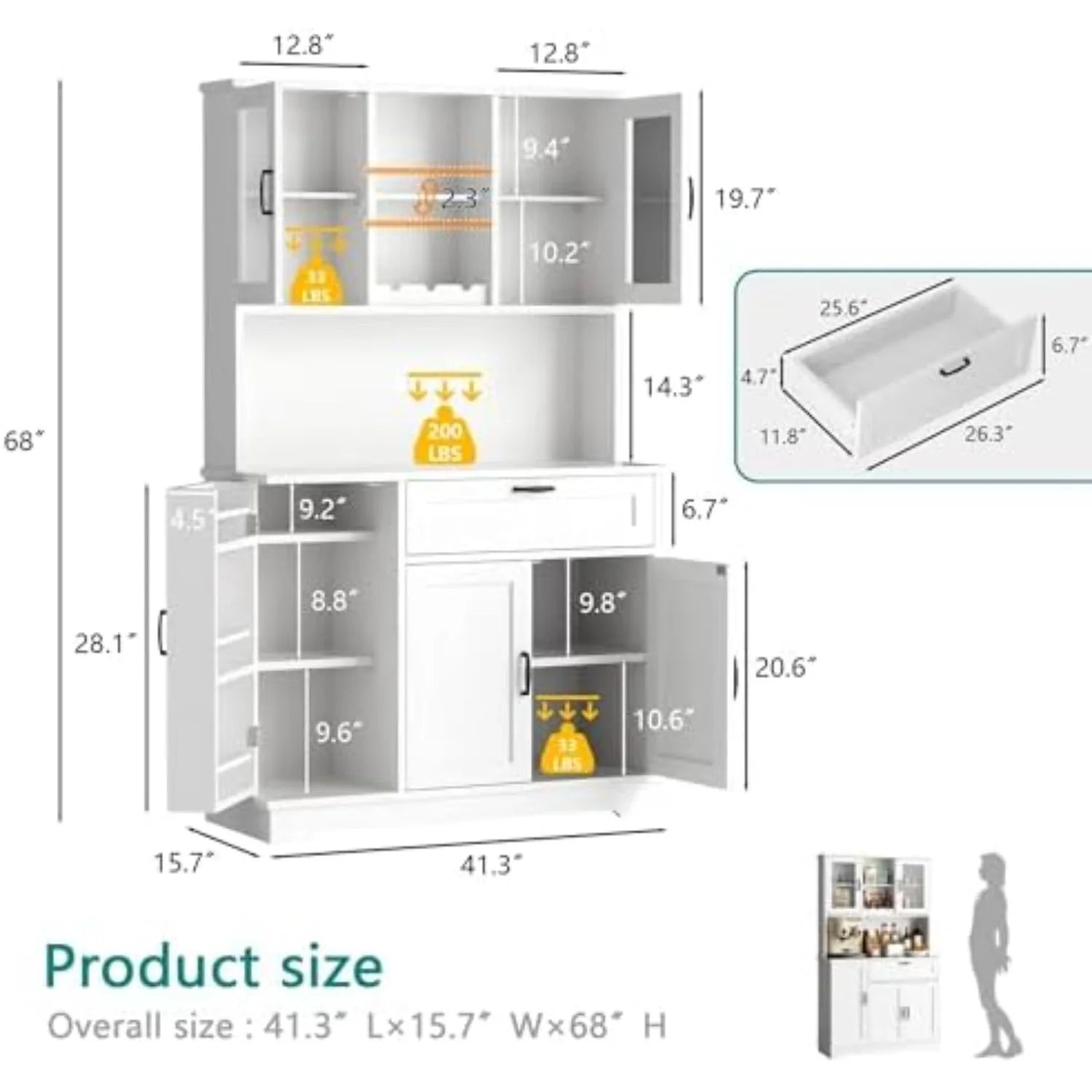 Kitchen Pantry Cabinet, Large Kitchen Hutch Formhouse Storage Cabinet with Microwave Stand, Tall Food Pantry for Dining