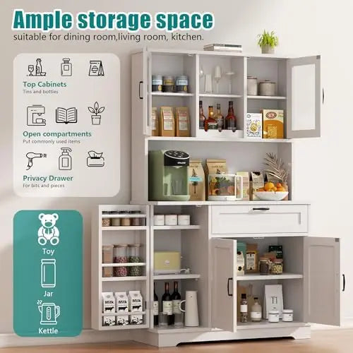 Kitchen Pantry Cabinet, Large Kitchen Hutch Formhouse Storage Cabinet with Microwave Stand, Tall Food Pantry for Dining