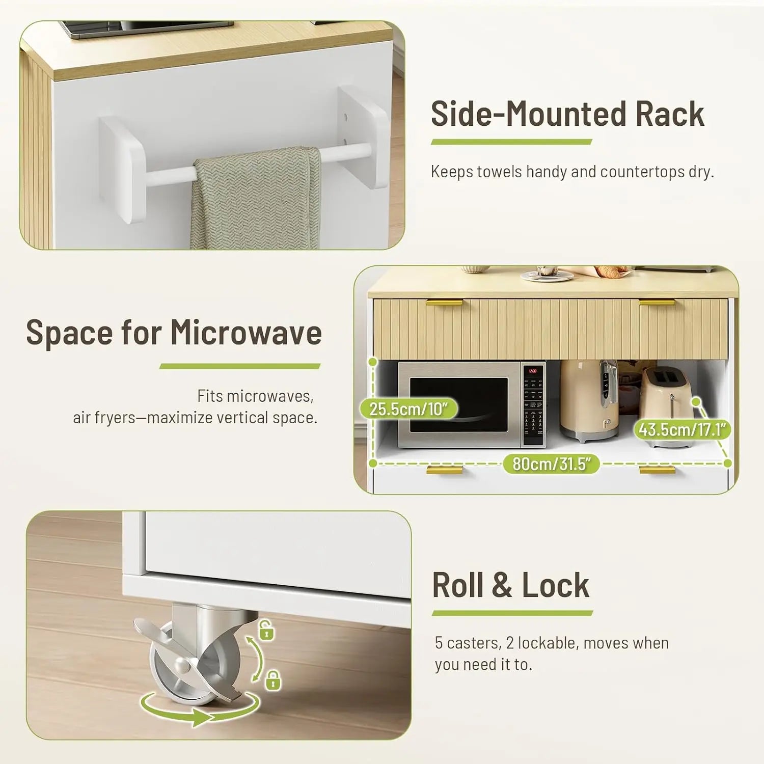 Kitchen Island with Storage, Power Outlet, Trash Bin & 3 Drawers, Rolling Cart for Kitchen & Dining, White & Natural, Customized