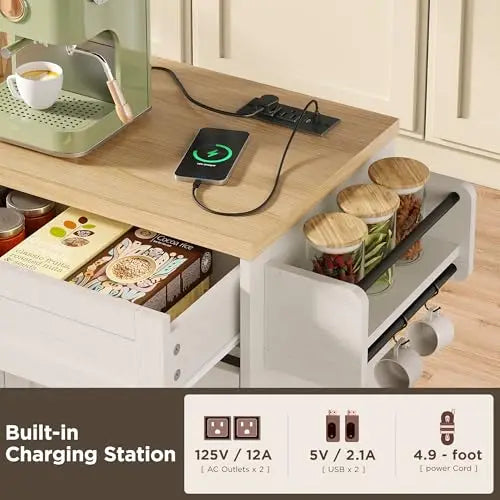 Kitchen Island with Out Trash Can Cabinet and Power Outlet, Kitchen Rolling Island with Spice Rack, Towel Rack and 2
