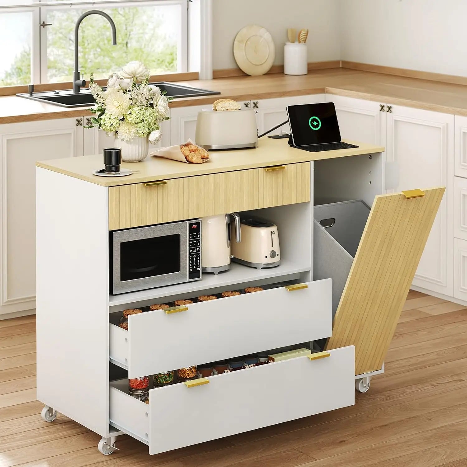 Kitchen Island with Storage, Power Outlet, Trash Bin & 3 Drawers, Rolling Cart for Kitchen & Dining, White & Natural, Customized