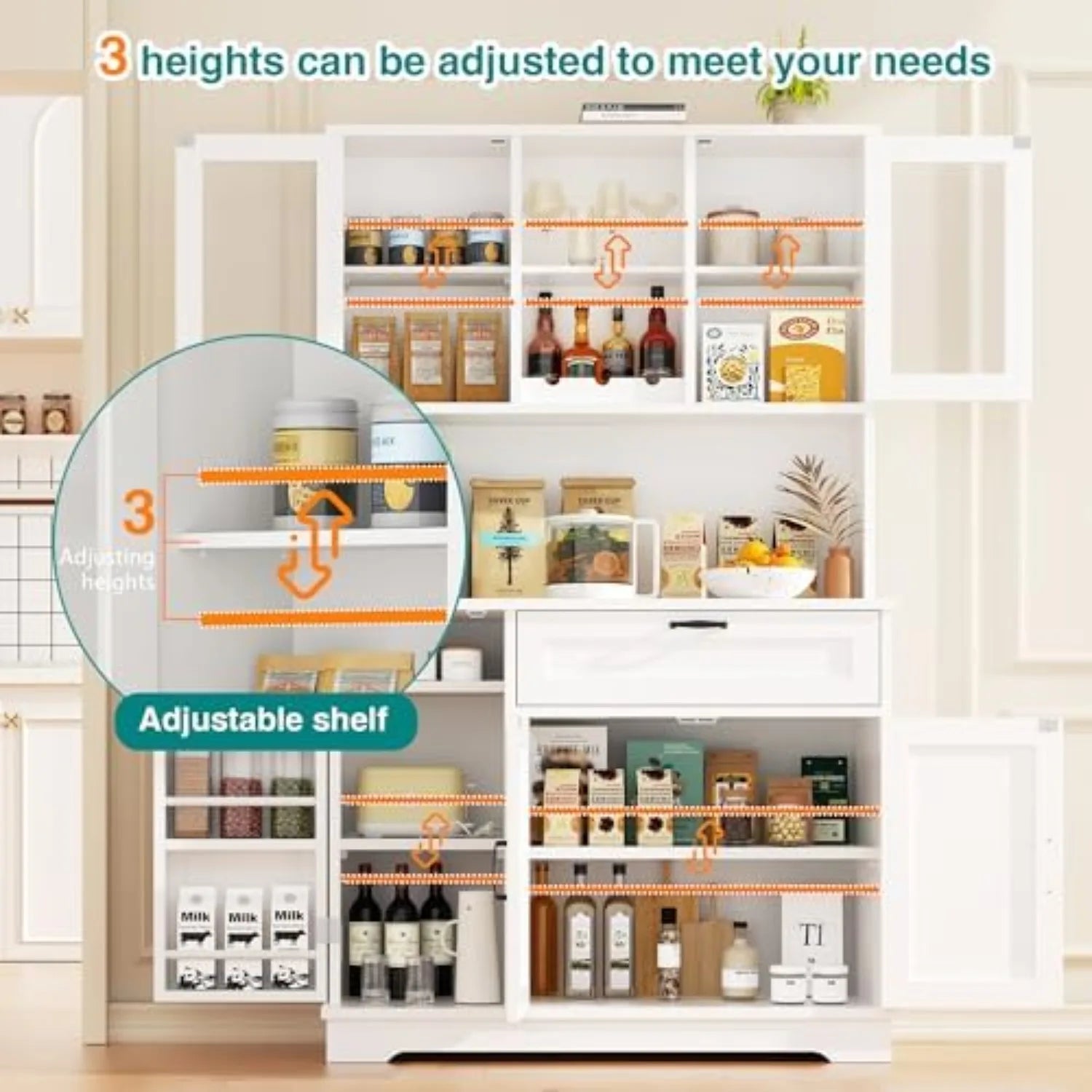 Kitchen Pantry Cabinet, Large Kitchen Hutch Formhouse Storage Cabinet with Microwave Stand, Tall Food Pantry for Dining