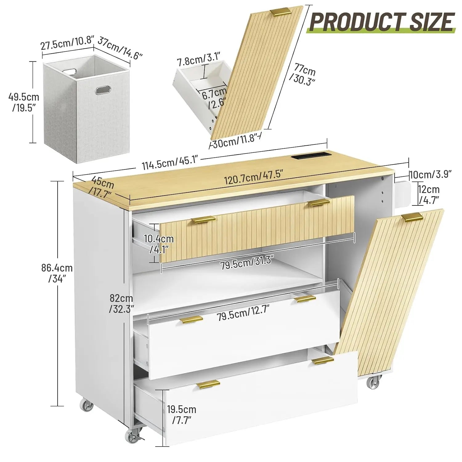 Kitchen Island with Storage, Power Outlet, Trash Bin & 3 Drawers, Rolling Cart for Kitchen & Dining, White & Natural, Customized