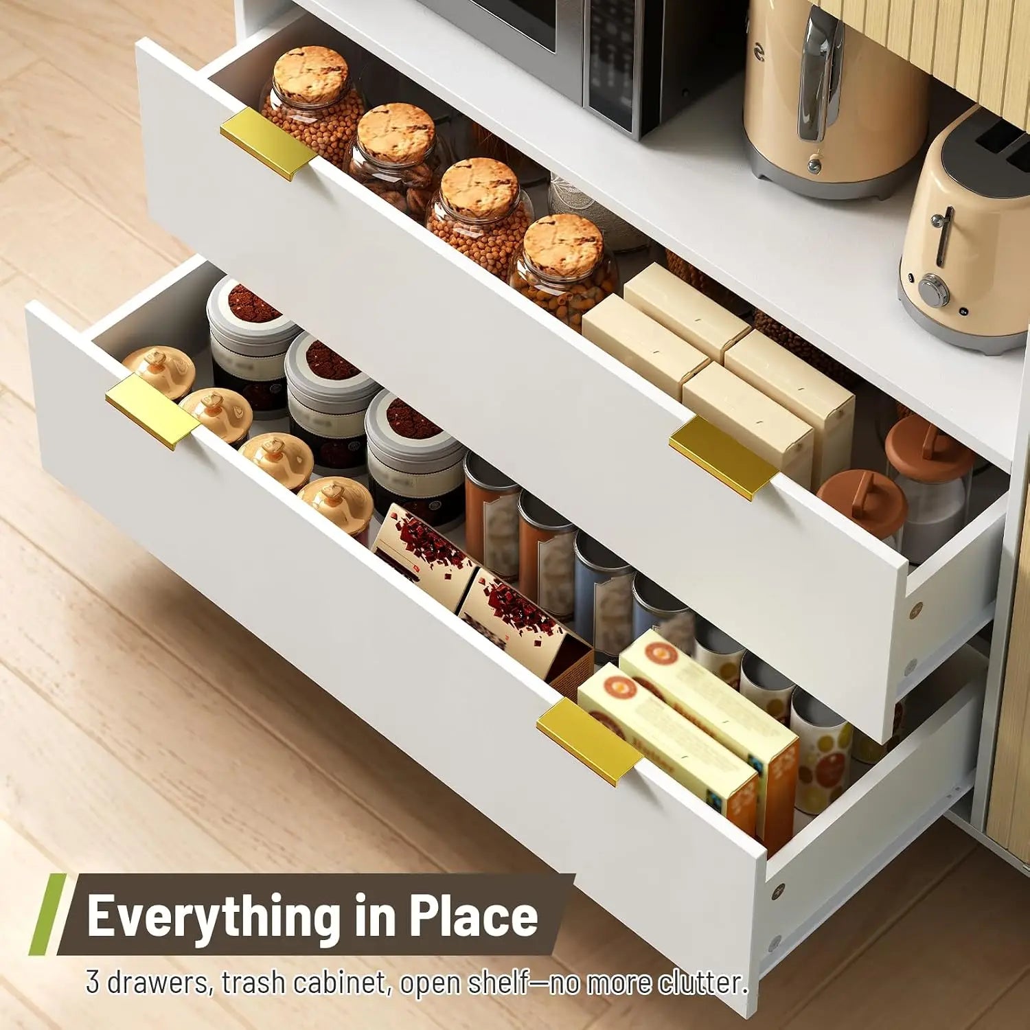 Kitchen Island with Storage, Power Outlet, Trash Bin & 3 Drawers, Rolling Cart for Kitchen & Dining, White & Natural, Customized