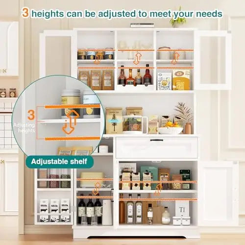 Kitchen Pantry Cabinet, Large Kitchen Hutch Formhouse Storage Cabinet with Microwave Stand, Tall Food Pantry for Dining