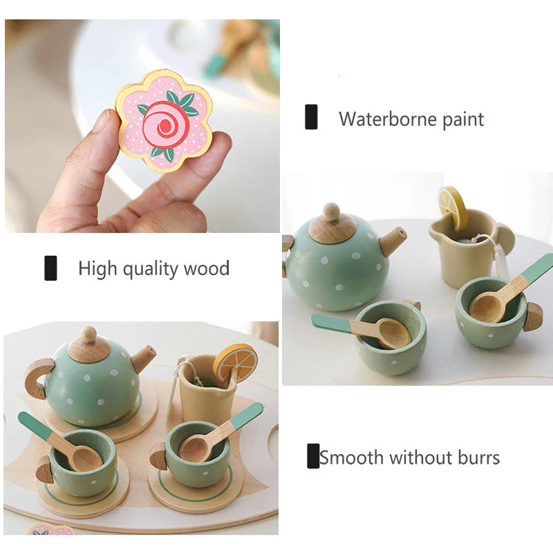 Wooden Play Kitchen for Children Wooden High Tea Set Pretend Play Food Learning Role Play Game Early Educational Toys Gifts