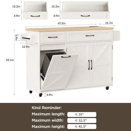 Kitchen Island with Out Trash Can Cabinet and Power Outlet, Kitchen Rolling Island with Spice Rack, Towel Rack and 2