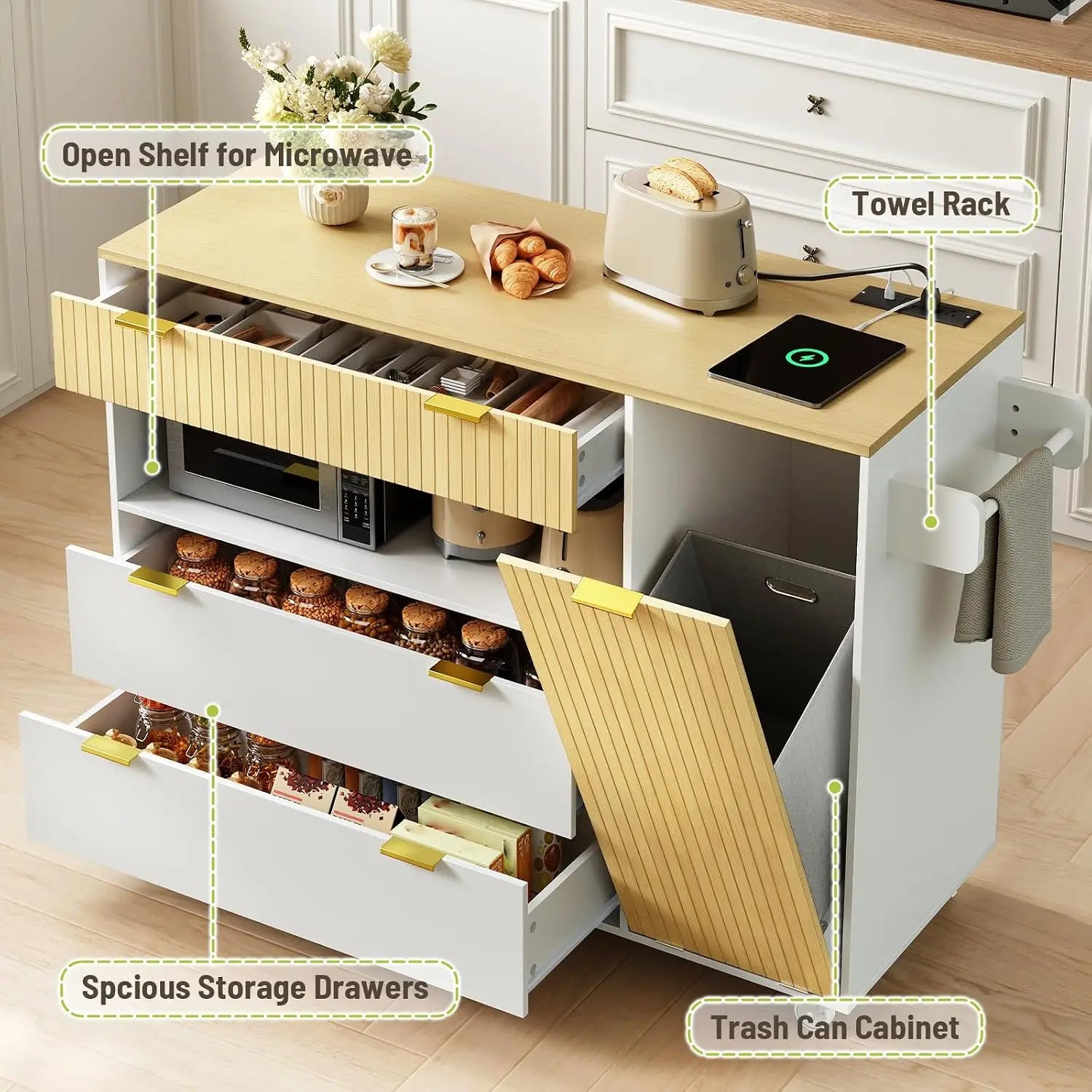 Kitchen Island with Storage, Power Outlet, Trash Bin & 3 Drawers, Rolling Cart for Kitchen & Dining, White & Natural, Customized