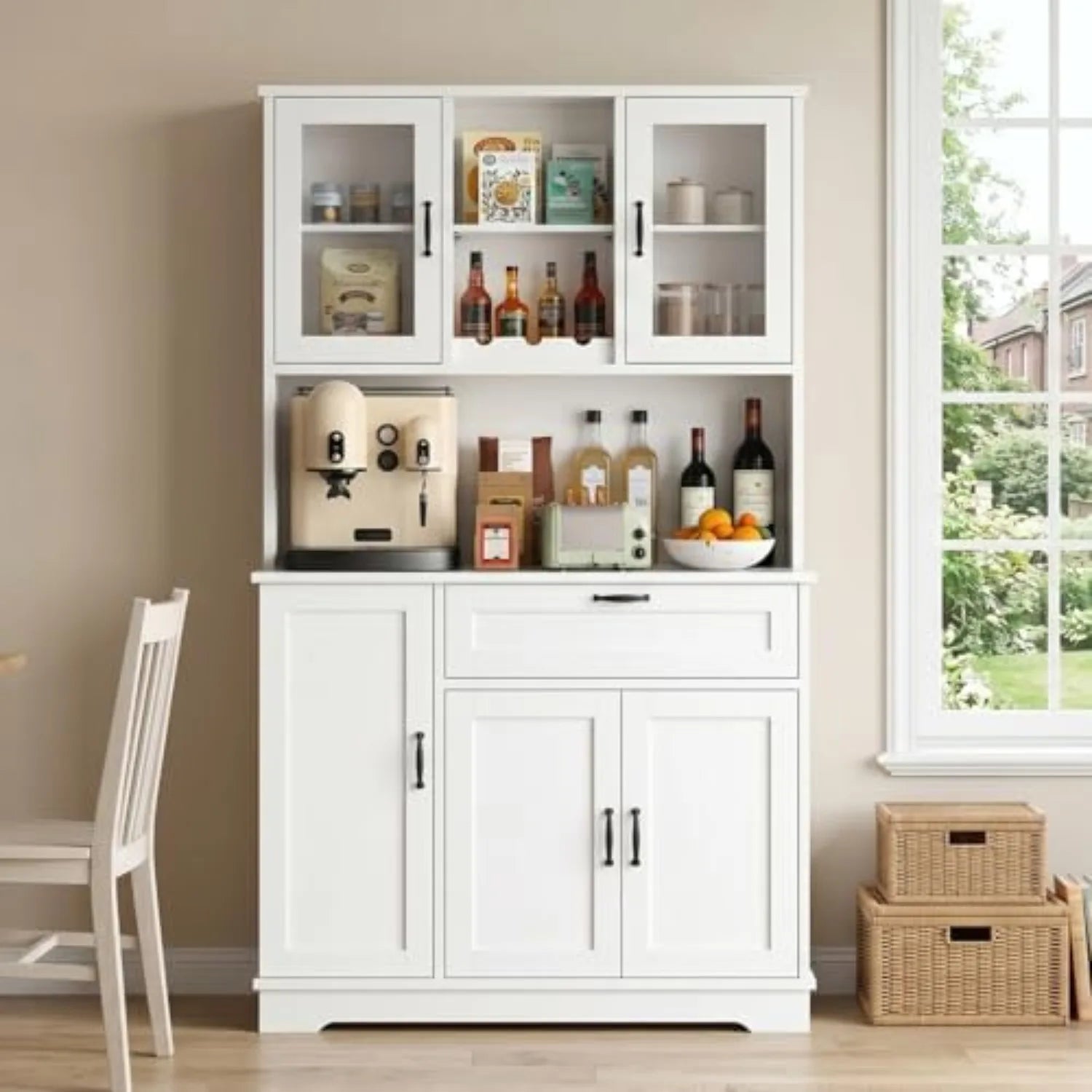 Kitchen Pantry Cabinet, Large Kitchen Hutch Formhouse Storage Cabinet with Microwave Stand, Tall Food Pantry for Dining