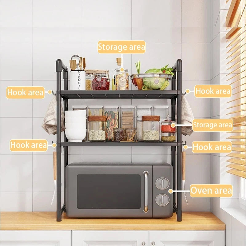 Kitchen Multi Purpose Storage Rack - Used For Microwave Ovens, Ovens, And Countertop Storage Racks With Hooks