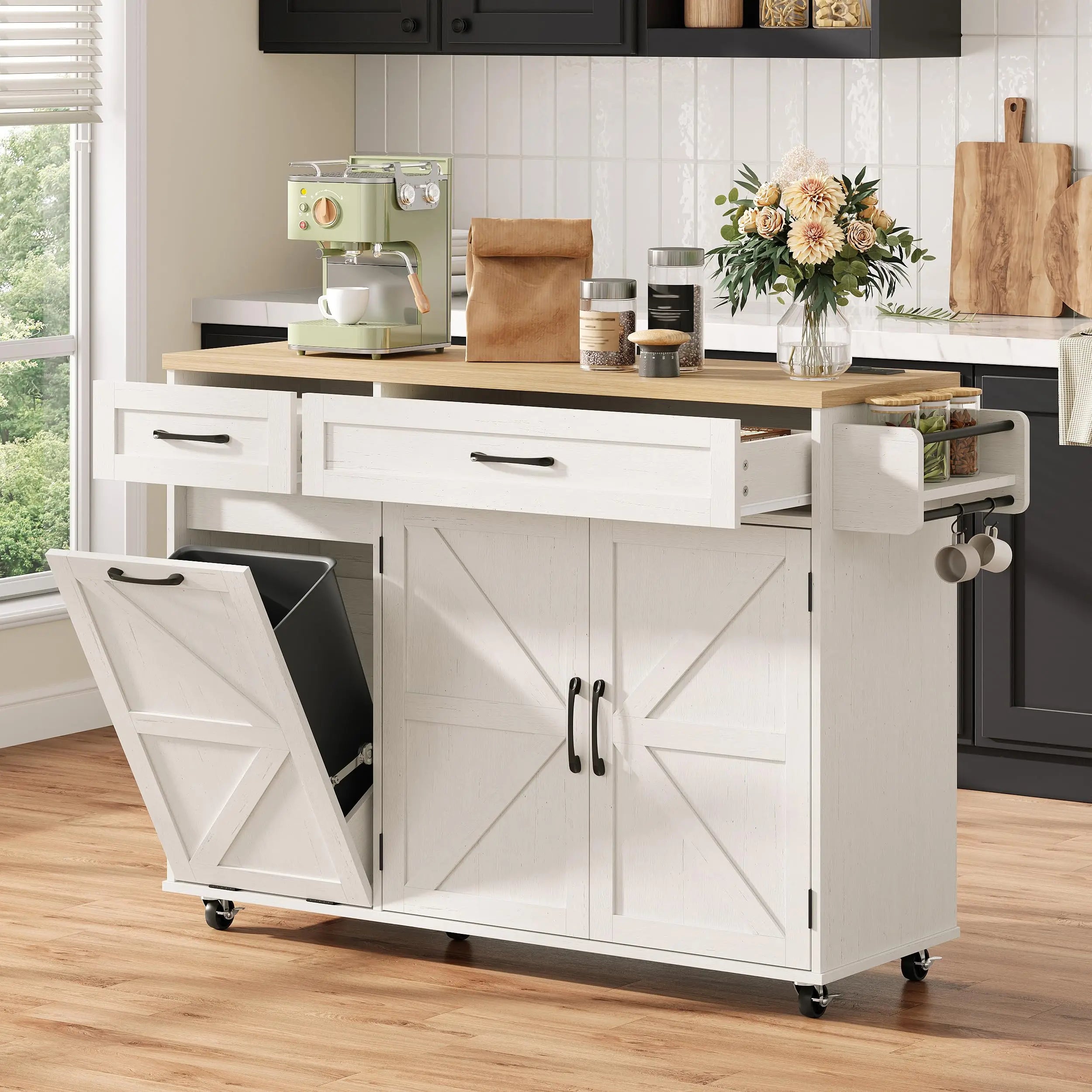 Kitchen Island with Out Trash Can Cabinet and Power Outlet, Kitchen Rolling Island with Spice Rack, Towel Rack and 2