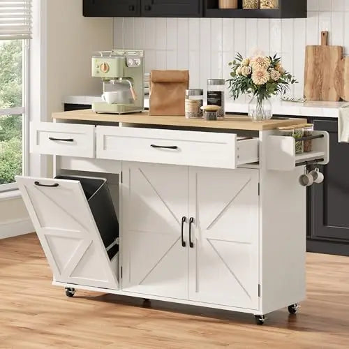 Kitchen Island with Out Trash Can Cabinet and Power Outlet, Kitchen Rolling Island with Spice Rack, Towel Rack and 2