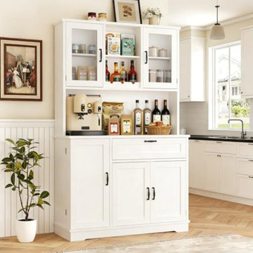 Kitchen Pantry Cabinet, Large Kitchen Hutch Formhouse Storage Cabinet with Microwave Stand, Tall Food Pantry for Dining